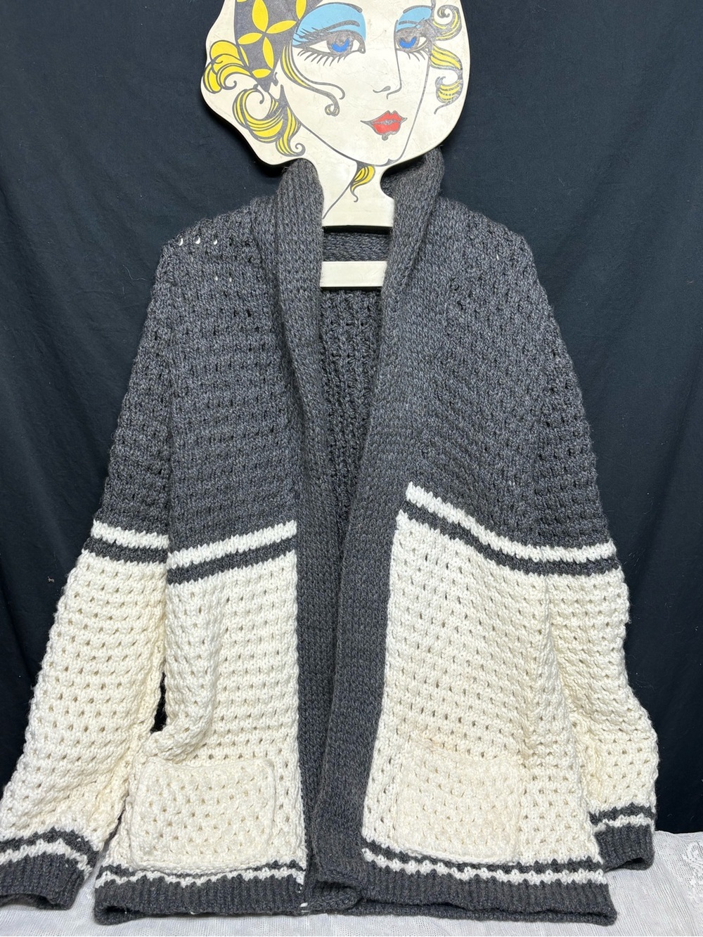 Cozy Two-Tone ColorBlock Chunky Knit Cardigan Sweater Gray & Cream pockets M/L